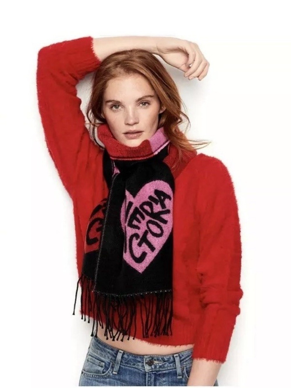 Victoria’s secret winter angle scarf red pink black graphic logo cozy